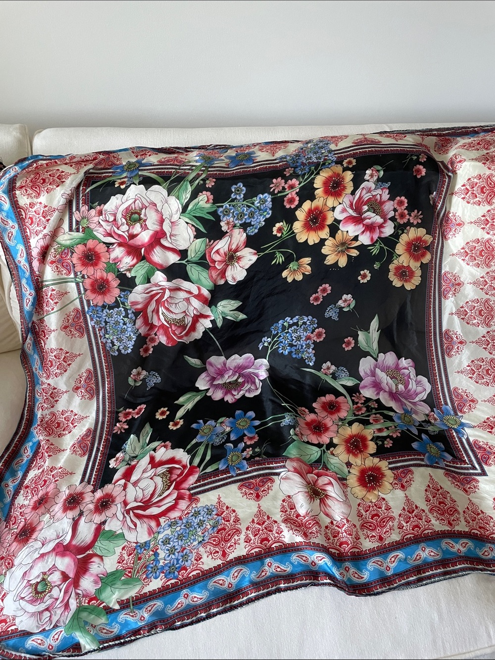 Floral Silk Scarf in Black and Multicolor